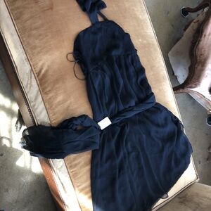 Silk chiffon double layered Black Halter Dress Open back Tie neck waist empire